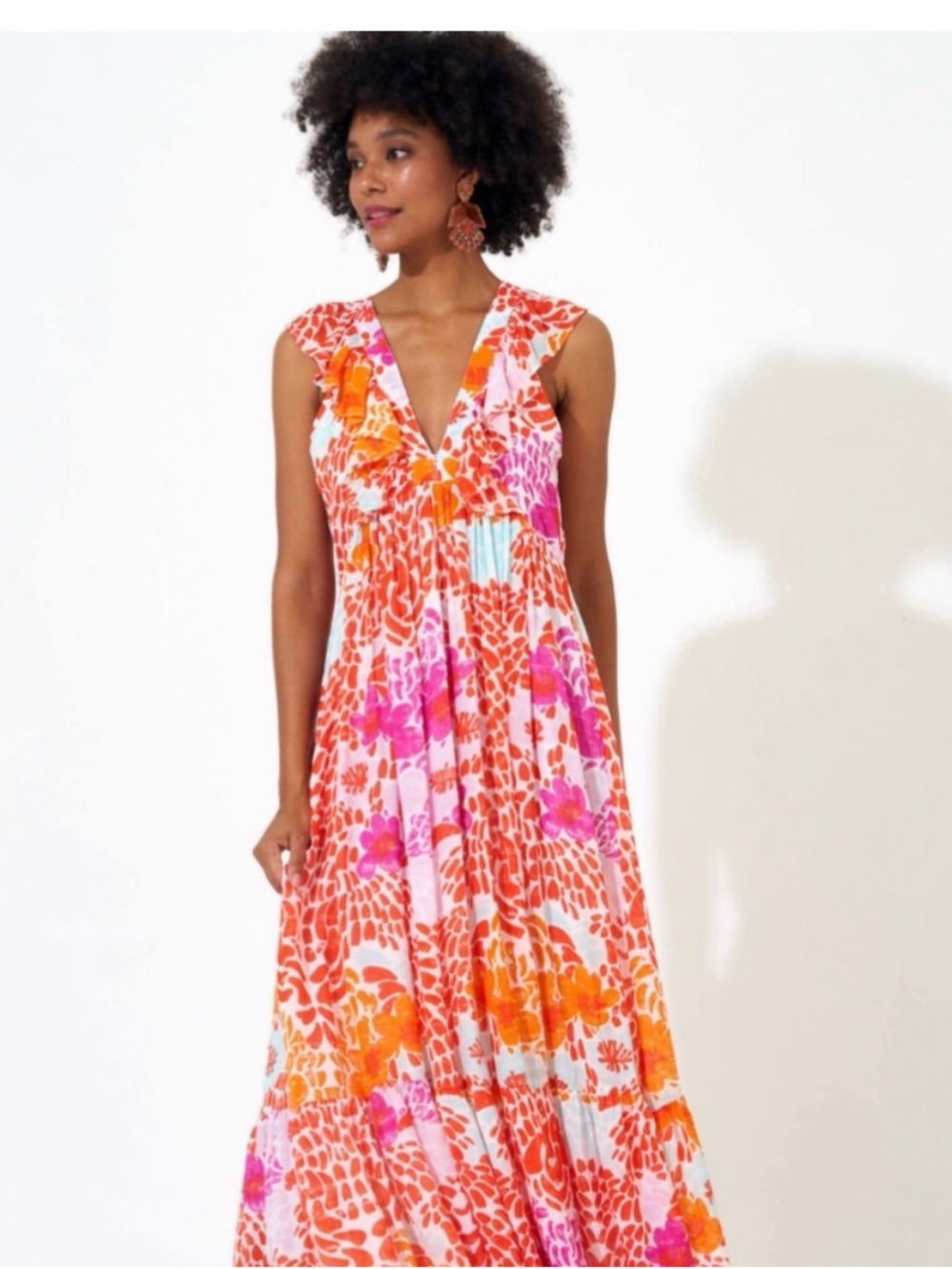 Oliphant Floral V-Neck Maxi Dress in Orange & Pink